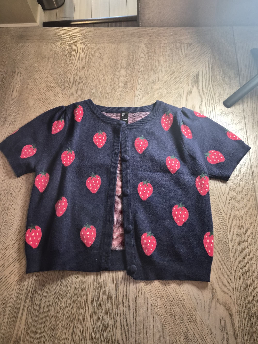 Cider Navy Short-Sleeve Cardigan with Red Strawberry Motif